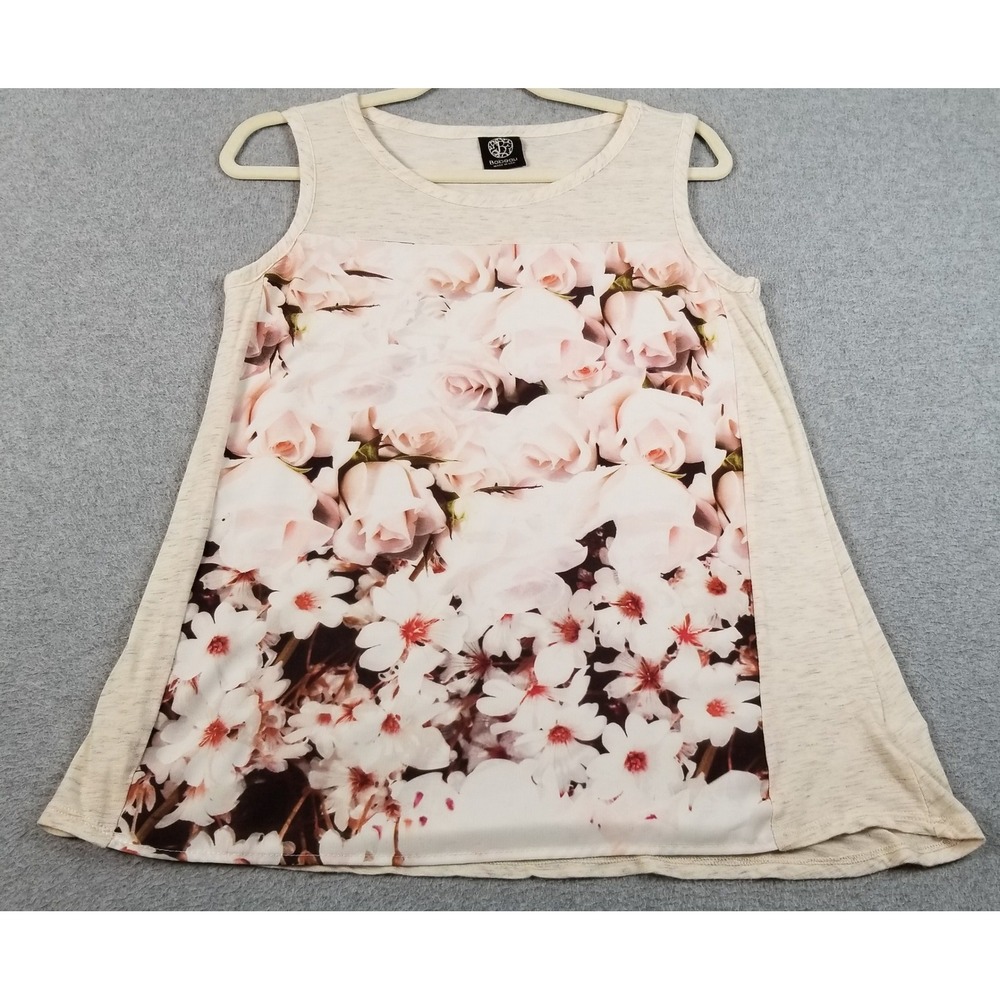 Bobeau Floral Tank Top Womens S Small Beige Pink Rose Sheer Sleeveless Blouse